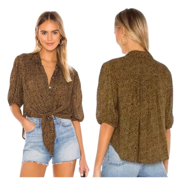 Free People Tops - Free People Celia Blouse Womens XL Gold Leopard Cropped Tie Front Puff Sleeve